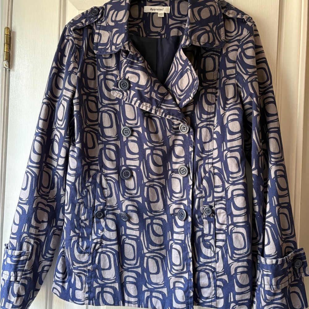 Appraisal Navy Geometric Double-Breasted Trench Coat